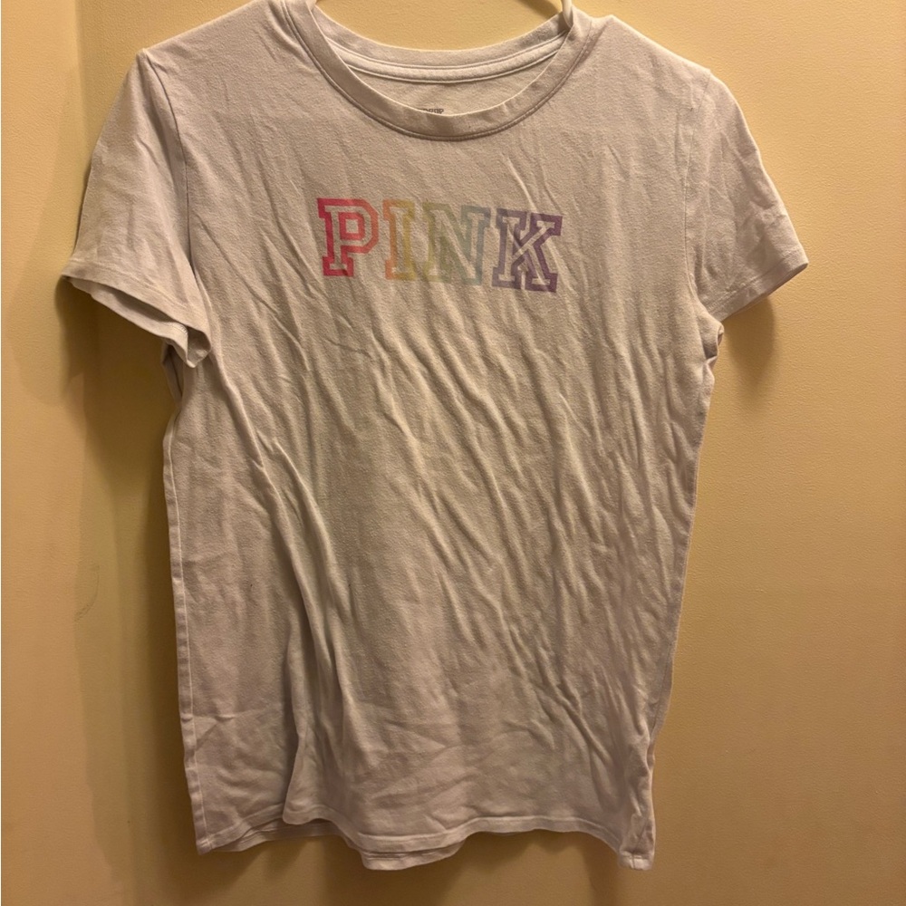 Victoria's Secret White Tee with Multicolor 'PINK' Logo